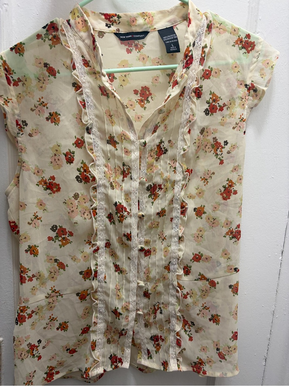 New York & Company Cream Floral Ruffle Button-Front Blouse
